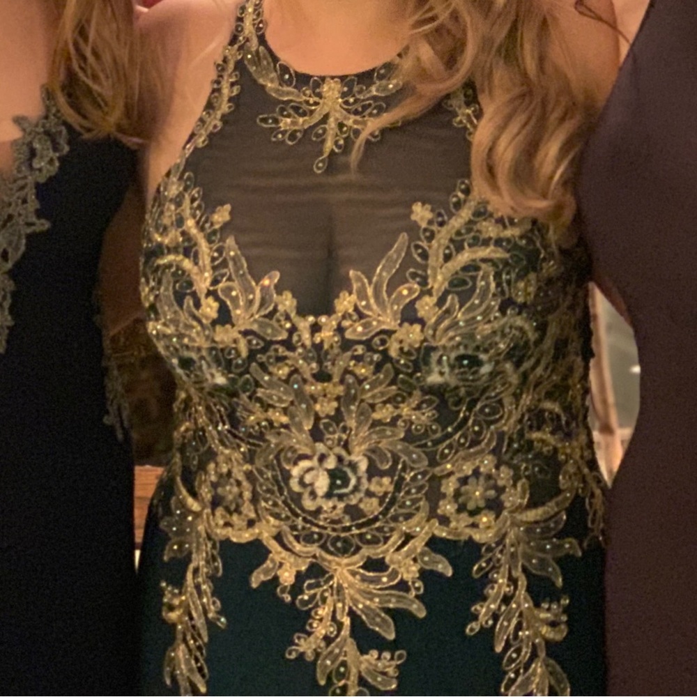 Xscape Teal and Gold Prom Dress - Picture 3 of 12